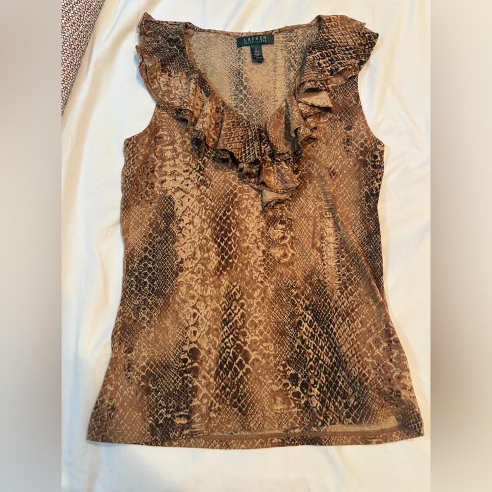 Lauren Ralph Lauren Snake Print Ruffle Trim Sleeveless Top Size Small